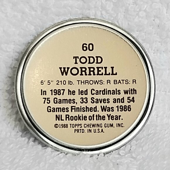 3/$20 Vintage & Mint 1988 Topps MLB Todd Worrell 1/2" Metal Coin 60/60!! - Picture 2 of 2